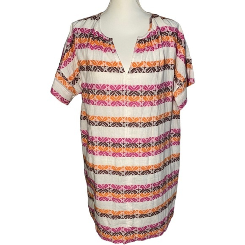 Lou & Grey Women Size S Mini Dress White Pink Orange Brown Short Sleeve Soft